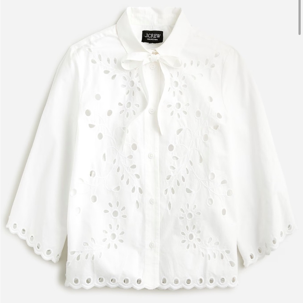 J Crew Collection button-up bow top in cotton poplin eyelet in white Size S NWT